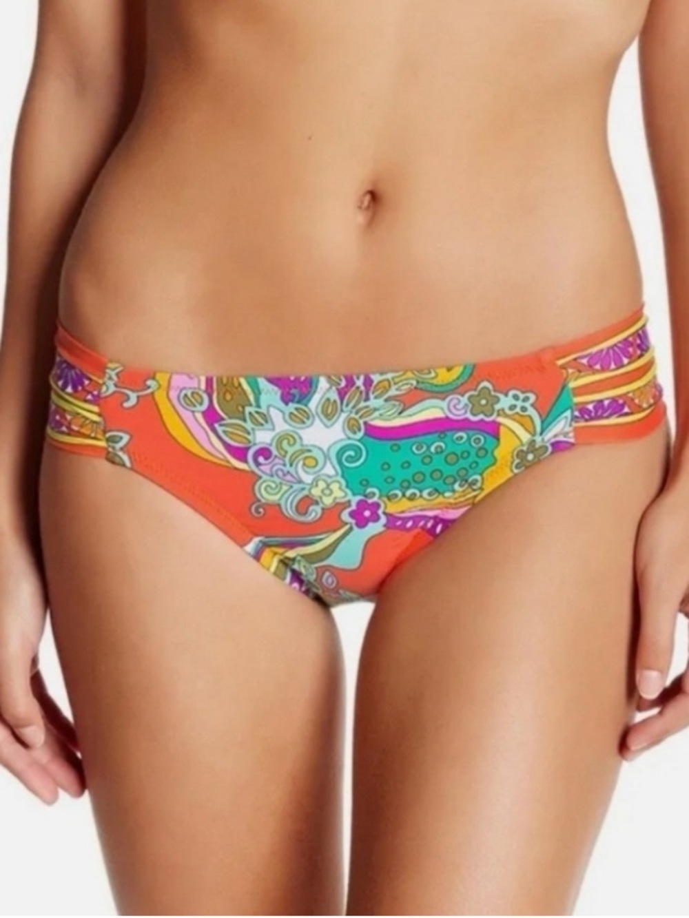 Trina Turk Neon Yellow Lined Paisley Swim Bottoms with Orange Trim